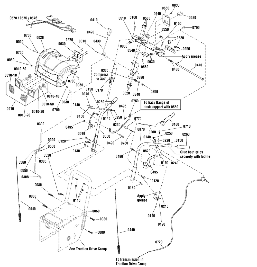 Handles And Controls Group Diagram and Parts List for 1695814-LP25940-1332PE 2010 Briggs and Stratton Snow Blower